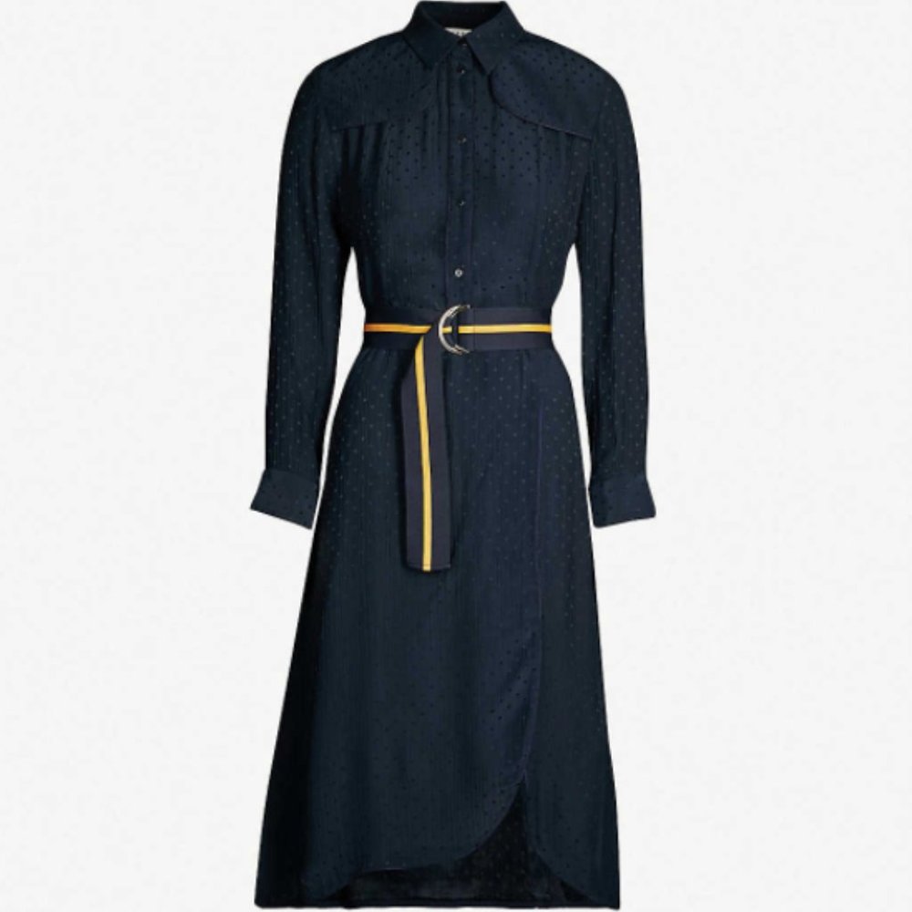 SOLD. Sandro Contrast Belt Woven Long Sleeve Dress - Picture 4 of 8